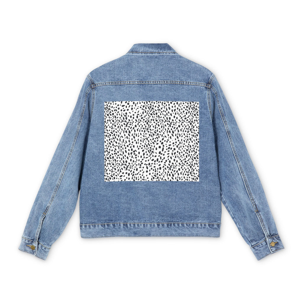 Denim Jacket with Black & White Speckle Patch — Men's Casual Distressed Back Panel