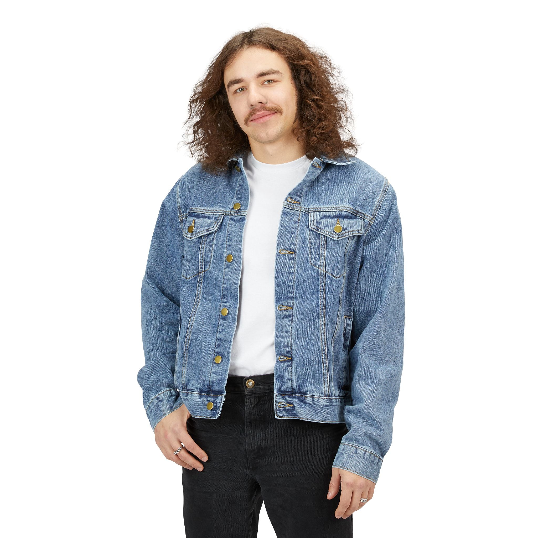 Denim Jacket with Black & White Speckle Patch — Men's Casual Distressed Back Panel