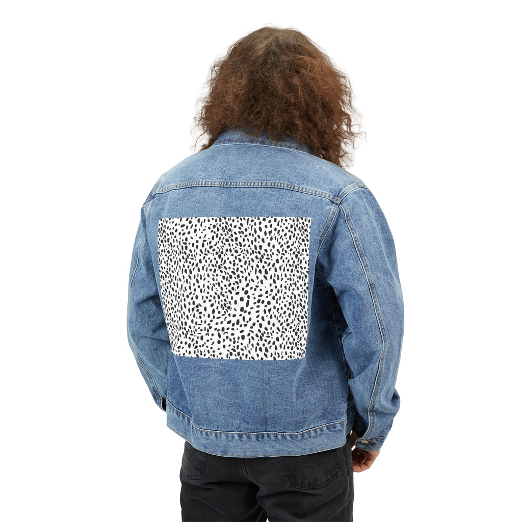 Denim Jacket with Black & White Speckle Patch — Men's Casual Distressed Back Panel
