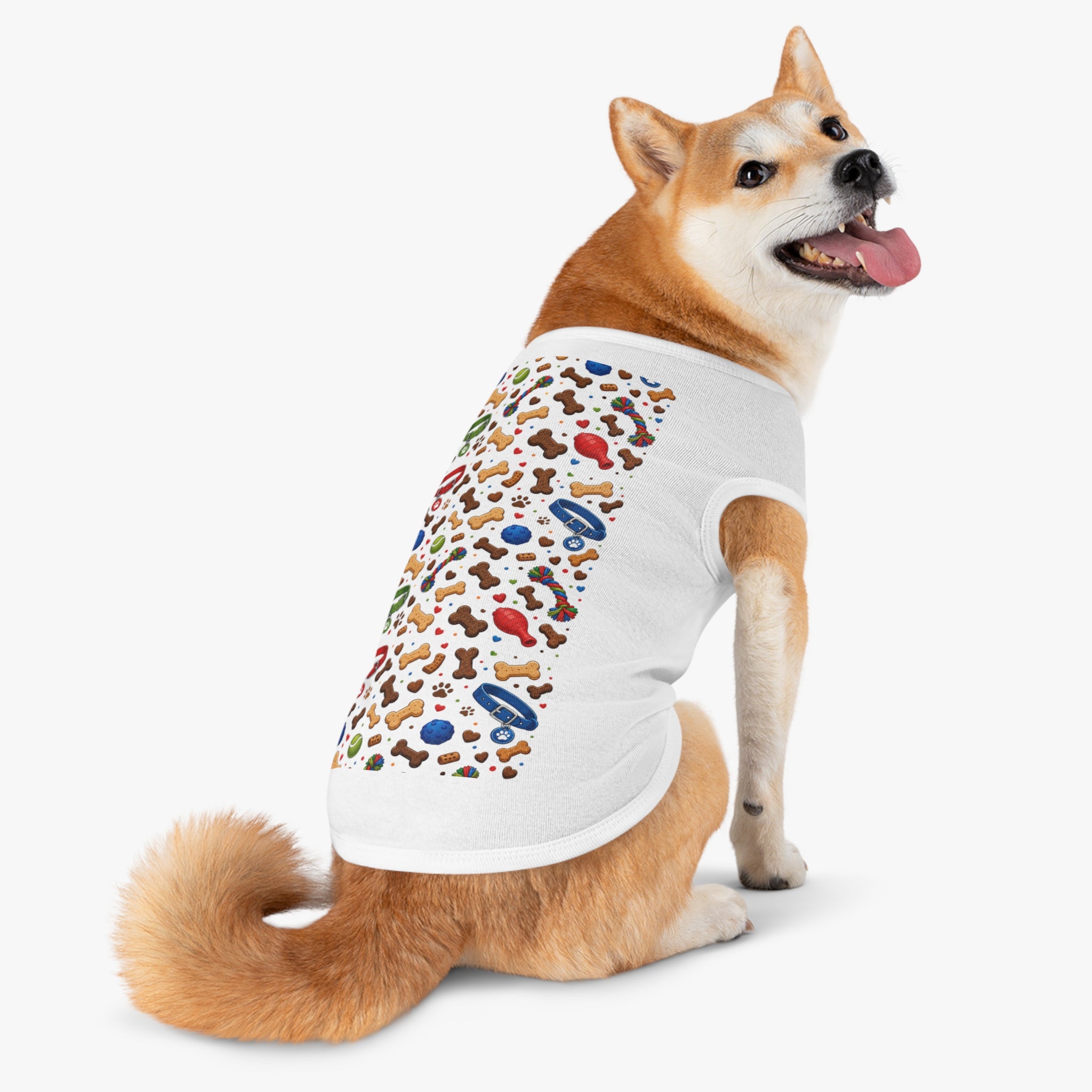 Dog Toys Pattern Pet Tank Top — Colorful Bones, Collars & Balls Print for Small Dogs
