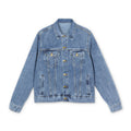 Denim Jacket with Black & White Speckle Patch — Men's Casual Distressed Back Panel