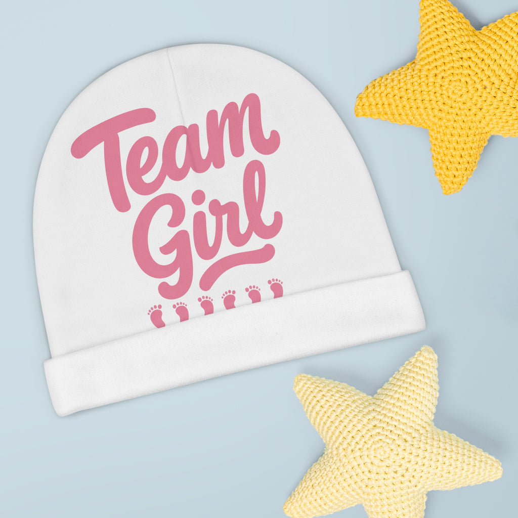 Baby Beanie - "Team Girl" Pink Newborn Hat (Gender Reveal, Baby Shower)
